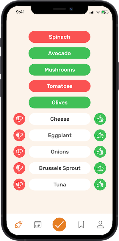 iPhone app food preferences selection screen
